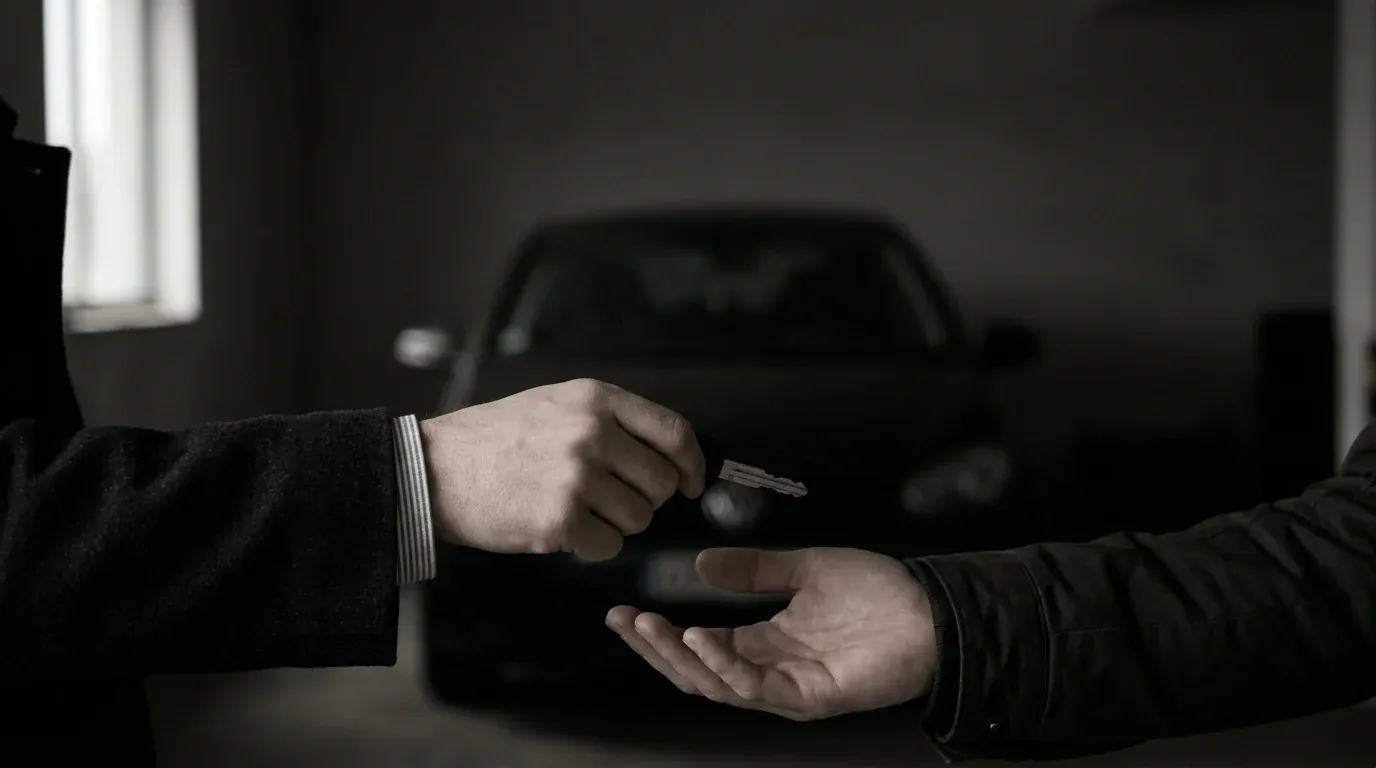 A car key being passed from one hand to another